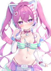 1girl ahoge animal_ear_headphones animal_ears bandaid bare_shoulders bemani bikini blush breasts cat_ear_headphones closed_mouth collarbone cowboy_shot detached_sleeves elbow_gloves fake_animal_ears gloves grace_(sound_voltex) hair_between_eyes hair_ornament headphones headset heart highleg highleg_bikini highres long_hair looking_at_viewer medium_breasts mikaze_oto miniskirt navel purple_eyes purple_hair skirt solo sound_voltex stomach striped_bikini striped_clothes sweat swimsuit twintails very_long_hair white_background