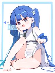 1girl aged_down alternate_breast_size arcana_(nikke) barefoot blue_hair blue_nails clothes_lift commentary dress dress_lift earrings english_commentary fang goddess_of_victory:_nikke grey_eyes hair_ornament heart highres jewelry loli long_hair looking_to_the_side no_panties open_mouth side_ponytail solo sseopik thighs white_background white_dress