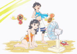 1boy 1girl asatsuki_(fgfff) barefoot black_hair black_leggings braid closed_eyes electric_fan elio_(pokemon) gen_4_pokemon grey_eyes highres kneeling leggings long_hair nintendo open_mouth pokemon pokemon_(creature) pokemon_usum rotom rotom_(fan) rotom_dex selene_(pokemon) shirt shoes short_hair shorts sleeveless sleeveless_shirt sneakers spaghetti_strap standing tank_top twin_braids white_shorts