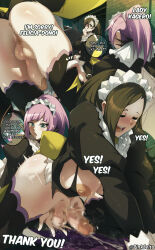 2girls alternate_costume ass blue_eyes blush breasts brown_hair censored dress english_text felicia_(fire_emblem) fire_emblem fire_emblem_fates fire_emblem_heroes futa_with_female futanari grabbing_from_behind hair_over_one_eye halloween_costume handjob highres kagero_(fire_emblem) kagero_(halloween)_(fire_emblem) large_breasts long_hair long_sleeves maid maid_headdress mosaic_censoring multiple_girls nintendo nipples nohrian_maid_uniform official_alternate_costume open_mouth orphen_(pink_seito) pink_hair ponytail reach-around