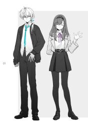 1boy 1girl arknights black_pantyhose blue_necktie closed_eyes collared_shirt doctor_(arknights) full_body greyscale hairband hand_up highres jacket long_hair low_ponytail male_doctor_(arknights) monochrome neck_ribbon necktie pants pantyhose partially_colored ponytail priestess_(arknights) purple_ribbon ribbon shirt shoes skirt turtleneck yomi_tamashi