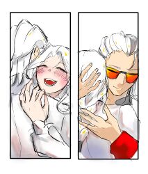 1boy 1girl absurdres couple cum cum_on_body earrings facial glasses hand_on_another&#039;s_face happy happy_aura happy_facial highres hug jewelry non-web_source ponytail queen_(to_be_hero_x) shirt smile tinted_eyewear to_be_hero to_be_hero_x white_background white_hair white_shirt x_(to_be_hero_x) yellow-tinted_eyewear