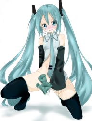 1girl aqua_eyes aqua_hair bad_id bad_pixiv_id blush detached_sleeves female_focus hatsune_miku headset long_hair mitake mitake_2000 necktie simple_background skirt solo spring_onion squatting tears thighhighs twintails very_long_hair vocaloid yamaha