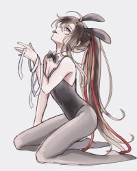 1boy ahoge alternate_costume androgynous animal_ears black_bow black_bowtie black_hair black_leotard bow bowtie brown_hair crossdressing detached_collar fake_animal_ears full_body grey_eyes grey_pantyhose hair_ribbon highres holding holding_ribbon implied_yaoi kneeling leotard long_hair looking_at_viewer male_focus male_playboy_bunny modao_zushi pantyhose pectoral_cleavage pectorals playboy_bunny ponytail profile rabbit_ears red_ribbon ribbon semiusa1010 sidelocks simple_background smile solo tongue tongue_out trap very_long_hair wei_wuxian white_background white_ribbon