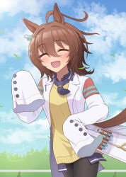 Rule 34 | 1girl, absurdres, agnes tachyon (umamusume), ahoge, animal ears, black thighhighs, blush, brown hair, chemical structure, closed eyes, cloud, cloudy sky, earrings, grass, happy, highres, horse ears, horse girl, horse tail, jack (jacknoeaka), jewelry, lab coat, medium hair, necktie, short necktie, single earring, sky, sleeves past fingers, sleeves past wrists, smile, solo, sweat, sweater, sweater vest, tail, test tube, thighhighs, umamusume, waving, wolf cut, yellow sweater, yellow sweater vest