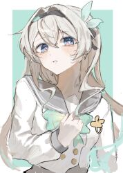 1girl black_hairband black_ribbon blush bow bowtie buttons checkered_bow checkered_bowtie checkered_clothes double-breasted firefly_(honkai:_star_rail) firefly_(spring_missive)_(honkai:_star_rail) gradient_hair green_bow green_bowtie green_pupils grey_hair grey_sailor_collar hair_between_eyes hair_intakes hair_ribbon hairband highres honkai:_star_rail honkai_(series) long_hair long_sleeves multicolored_eyes multicolored_hair na4o_x open_mouth ribbon sailor_collar shirt solo white_shirt white_sleeves