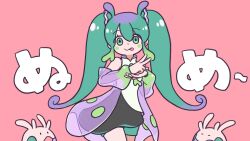 1girl :p antennae dress gen_6_pokemon goomy green_eyes green_hair hair_between_eyes highres jacket long_hair looking_at_viewer multicolored_hair nintendo numera_goomy off_shoulder open_mouth personification pink_background pink_jacket pokemon pokemon_(creature) purple_hair see-through_clothes see-through_jacket sidelocks simple_background sleeveless sleeveless_dress solid_oval_eyes tongue tongue_out twintails v very_long_hair