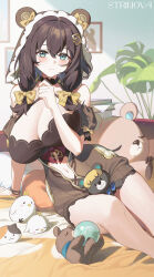 Rule 34 | 1girl, absurdres, airseal, animal ears, animal hood, aqua eyes, arm support, bare shoulders, bear ears, bear girl, bear hair ornament, bear hood, bear pajamas, bed sheet, between legs, blush, book, book stack, bow, breasts, brown hair, brown hood, cleavage, closed mouth, commentary request, hair between eyes, hair bow, hair ornament, hand up, highres, hood, indoors, large breasts, long hair, looking at viewer, navel, official alternate costume, on bed, open mouth, pajamas, plant, potted plant, smile, solo, strinova, stuffed animal, stuffed toy, teddy bear, thighs, yellow bow, yvette (strinova), yvette (yvette&#039;s personal clothing) (strinova)