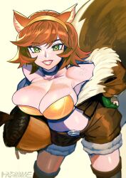 1girl absurdres acorn animal_ears breasts brown_hair brown_jacket brown_tail commentary crop_top english_commentary freckles green_eyes highres hommie-k9k9 jacket large_breasts large_tail long_hair looking_at_viewer marvel marvel_rivals navel orange_hair short_hair shorts solo squirrel_ears squirrel_girl squirrel_girl_(marvel) squirrel_tail superhero_costume tail thighs