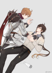 2boys alcohol blush bottle drunk genshin_impact hand_on_another&#039;s_chest lying multiple_boys on_back on_floor pinned pinned_down rinrink20 tartaglia_(genshin_impact) twitter wine_bottle yaoi zhongli_(genshin_impact)