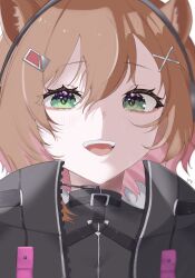 1girl :d animal_ears ayunda_risu ayunda_risu_(cyberpunk) black_jacket black_shirt brown_hair collared_shirt commentary double-parted_bangs english_commentary gradient_hair green_eyes hair_between_eyes hair_ornament headset highres hololive hololive_indonesia icy_artzy jacket light_blush looking_at_viewer multicolored_hair open_mouth pink_hair popped_collar portrait shirt short_hair smile solo squirrel_ears squirrel_girl teeth upper_teeth_only virtual_youtuber x_hair_ornament zipper