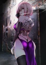 Rule 34 | 0odrosselo0, 1girl, alley, ass, back, back tattoo, barbell piercing, black nails, black panties, black sleeves, black thighhighs, breasts, brick wall, cellphone, chromatic aberration, cigarette, closed mouth, commission, detached sleeves, dress, ear piercing, eyeshadow, fate/grand order, fate (series), fingernails, hair between eyes, highres, holding, holding phone, industrial piercing, large breasts, looking back, makeup, mash kyrielight, median furrow, medium hair, nail polish, panties, phone, piercing, pink eyes, pink eyeshadow, pink hair, purple dress, red lips, red nails, skeb commission, smartphone, smoke, smoking, solo, tattoo, thighhighs, thighs, underwear