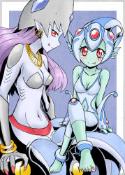 2girls absurdres alternate_form breasts calamaramon clothing_cutout digimon digimon_frontier dual_persona earrings evolution frog_girl helmet highres jewelry multiple_girls nail_polish navel_cutout one-piece_swimsuit ranamon red_eyes squid squid_girl swimsuit tongue tongue_out