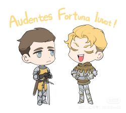2boys armor armored_gloves black_gloves blonde_hair blue_eyes breastplate brown_cape brown_hair cape chibi chinese_text closed_eyes closed_mouth commentary english_commentary frown full_armor full_body gloves hands_on_own_hips hans_capon hashtag-only_commentary henry_of_skalitz highres holding holding_sword holding_weapon kingdom_come:_deliverance_ii knee_armor latin_text leg_armor looking_at_another male_focus multiple_boys open_mouth own_hands_together sabaton scabbard sheath short_hair shoulder_armor simple_background standing sword symbol-only_commentary teeth tongue tworain_w upper_teeth_only watermark weapon white_background
