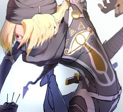 1girl blonde_hair dark-skinned_female dark_skin female_focus highres long_hair nintendo prairie-wolf red_eyes reverse_trap sheik simple_background solo super_smash_bros. surcoat the_legend_of_zelda the_legend_of_zelda:_ocarina_of_time the_legend_of_zelda:_twilight_princess turban white_background