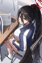 1girl absurdres black_hair black_wings blue_archive breasts chips_(food) chopsticks closed_mouth eating food from_above hair_between_eyes halo hasumi_(blue_archive) hasumi_(track)_(blue_archive) highres holding holding_chopsticks jacket large_breasts long_hair long_sleeves looking_at_viewer looking_up maru_(marunouchi77) mole mole_under_eye official_alternate_costume pocky ponytail red_eyes red_halo sandals shirt sitting socks solo white_shirt white_socks wings