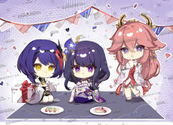 3girls animal_ear_piercing animal_ears artist_request blanket blue_pupils blunt_bangs chinese_commentary closed_mouth clothing_cutout commission confetti crossed_arms dango detached_sleeves fan_hair_ornament flower flower_ornament food friends genshin_impact gift hair_between_eyes hair_ornament hand_on_own_chin happy_birthday head_tilt headpiece heart highres holding holding_plate japanese_clothes jewelry kimono kujou_sara long_hair long_sleeves looking_at_food looking_at_viewer looking_down looking_to_the_side mask mask_on_head mitsudomoe_(shape) mole mole_under_eye multicolored_eyes multiple_girls neck_ribbon off_shoulder open_mouth pendant pink_hair plate purple_background purple_eyes purple_flower purple_hair purple_kimono purple_thighhighs raiden_shogun red_mask red_ribbon red_sash ribbon sash seiza shade shadow short_hair shoulder_cutout sitting standing swept_bangs thighhighs tomoe_(symbol) wagashi wide_sleeves yae_miko yellow_eyes