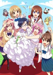 1boy 5girls bad_id bad_pixiv_id blue_hair brown_hair chaos;child chaos;head day dress gero_kaerun highres looking_at_viewer makise_kurisu miyashiro_takuru motsu_(inoue_a75) multiple_girls narusawa_ryouka occultic;nine onoe_serika pink_hair red_hair robotics;notes sakihata_rimi senomiya_akiho smile steins;gate wedding_dress