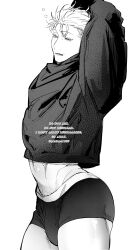 1boy absurdres ass bulge commentary eyelashes from_side gojou_satoru greyscale highres jujutsu_kaisen long_sleeves male_focus male_underwear monochrome pasinee1855 short_hair simple_background solo symbol-only_commentary thighs underwear white_background