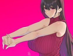 1girl armpits bare_arms bare_shoulders black_hair blush breasts commentary_request huge_breasts interlocked_fingers long_hair mole mole_under_eye original own_hands_together pink_eyes red_sweater ribbed_sweater signature sleeveless sleeveless_sweater smile solo straight_hair stretching sweater upper_body very_long_hair wasawa_(wsw_999)