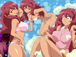 Rule 34 | 1girl, adjusting clothes, adjusting swimsuit, age progression, aged up, all fours, alternate costume, anger vein, annoyed, bikini, bra, breasts, bubble background, female focus, groin, hair between eyes, hairu, highres, hinata natsumi, keroro gunsou, knees together feet apart, large breasts, legs, long hair, navel, one eye closed, panties, parted lips, raised eyebrows, red eyes, red hair, short shorts, shorts, simple background, sitting, standing, string bikini, swimsuit, thighs, twintails, two side up, underwear
