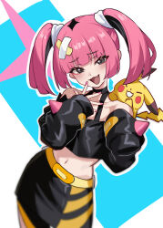 1girl :d amamiyayk bare_shoulders belt black_shirt black_skirt blunt_bangs collarbone coral_(pokemon) cropped_shirt eyelashes fang gen_1_pokemon grey_eyes hair_ornament hands_up head_tilt highres looking_at_viewer midriff nail_polish navel nintendo off-shoulder_shirt off_shoulder open_mouth pikachu pink_hair pink_nails pokemon pokemon_(anime) pokemon_(creature) pokemon_horizons shirt skirt smile tongue twintails yellow_belt