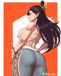 1girl absurdres aestheticc-meme ass ass_focus back back_focus bare_back black_hair breasts brown_hair bun_cover capcom chun-li earrings facing_away from_behind highres huge_ass jewelry large_breasts muscular muscular_female nape official_alternate_costume official_alternate_hairstyle sideboob solo street_fighter street_fighter_6 thick_thighs thighs updo