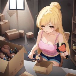 1girl artist_request blonde_hair blue_eyes blue_shirt box breasts brown_hair character_doll class_of_09 cleavage commentary doll english_commentary exhausted hair_bun highres holding indoors jecka_(class_of_09) long_hair nicole_(class_of_09) official_art pants pink_shirt ponytail shirt shorts sweatdrop tape yellow_eyes