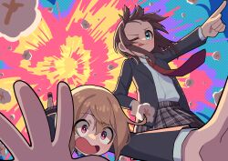2girls ;p absurdres aqua_eyes blonde_hair blush brown_hair brown_skirt explosion explosion_background falling food grey_jacket hand_on_own_hip hemhem highres jacket multiple_girls necktie one_eye_closed open_clothes open_jacket original plaid_clothes plaid_skirt pointing popcorn red_eyes red_necktie shirt short_hair skirt tongue tongue_out white_shirt
