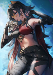 1girl armpits bare_shoulders black_gloves black_hair blue_eyes breasts brown_hair colored_inner_hair crossed_bangs day dehya_(genshin_impact) earrings elbow_gloves genshin_impact genyaky gloves hair_between_eyes hair_intakes hands_up highres holding jewelry large_breasts long_hair looking_at_viewer midriff multicolored_hair navel one_eye_closed outdoors red_hair signature solo stomach thighs