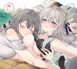 2girls :o ? black_camisole blush breast_sucking breasts camisole closed_eyes clothes_lift commentary_request critter_pick_(honkai:_star_rail) firefly_(honkai:_star_rail) grey_hair hair_ornament highres honkai:_star_rail honkai_(series) hug large_breasts long_hair lying medium_breasts messy_hair multiple_girls navel on_back on_bed open_mouth pe_eee00 pillow purple_eyes shirt shirt_lift simple_background speech_bubble spoken_object spoken_question_mark stelle_(honkai:_star_rail) sweat thought_bubble trailblazer_(honkai:_star_rail) under_covers white_background white_shirt yuri