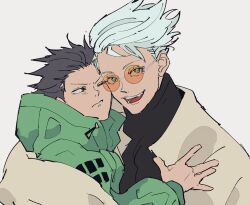 2boys arm_around_shoulder black_hair black_shirt blue_eyes furrowed_brow fushiguro_megumi gojou_satoru green_jacket grey_hair grey_jacket jacket jujutsu_kaisen light_blush male_focus multiple_boys one_eye_closed open_mouth qpsk_6 round_eyewear shirt short_hair smile turtleneck upper_body