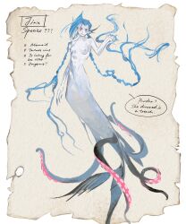 alternate_form alternate_universe arcane:_league_of_legends arcane_jinx blue_hair braid breasts closed_mouth english_text full_body highres jinx_(league_of_legends) league_of_legends long_hair mermaid monster_girl nipples nude pink_eyes runhorserun small_breasts smile speech_bubble twin_braids very_long_hair