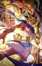 Rule 34 | 2boys, atem, black hair, blonde hair, blue cape, cape, dark-skinned male, dark skin, duel monster, exodia the forbidden one, highres, ianzhouart, medium hair, millennium eye, millennium key, millennium necklace, millennium puzzle, millennium ring, millennium rod, millennium scale, multicolored hair, multiple boys, purple eyes, purple hair, spiked hair, watermark, yu-gi-oh!, yu-gi-oh! duel monsters