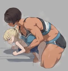 1futa 1girl age_difference bent_over black_hair blonde_hair breast_press breasts breasts_on_another&#039;s_back bulge clothed_sex dark-skinned_female dark_skin dry_humping erection erection_under_clothes futa_with_female futanari grabbing height_difference highres humping kei_(m_k) large_breasts loli m_k onee-loli original ponytail rika_(m_k) school_swimsuit short_hair simple_background size_difference small_breasts sweat swimsuit tomboy