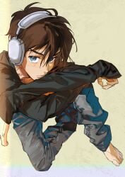 Rule 34 | 1boy, atie1225, barefoot, black shirt, blue eyes, blue pants, brown hair, casual, closed mouth, commentary, crossed arms, curled fingers, denim, gundam, gundam wing, hair between eyes, headphones, heero yuy, highres, jeans, long sleeves, looking to the side, male focus, pants, shirt, short hair, sitting, sleeves past wrists, solo, symbol-only commentary