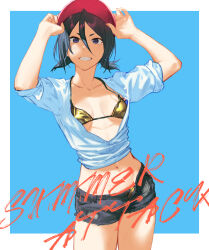 1girl absurdres arms_up bikini bikini_under_clothes black_hair bleach blue_background border breasts breasts_apart cowboy_shot crop_top cropped_shirt gold_bikini hair_between_eyes hat highres ihsekodwww kuchiki_rukia looking_at_viewer medium_hair micro_shorts midriff navel partially_unbuttoned red_hat shadow shirt short_twintails shorts small_breasts smile solo stomach swimsuit thighs twintails white_border white_shirt