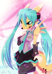 digimon digimon_(creature) fox_girl fox_tail furry furry_female hatsune_miku hatsune_miku_(cosplay) looking_at_viewer renamon surryfox tail vocaloid
