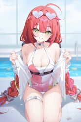 Rule 34 | 1girl, blurry, blurry background, bow, braid, breasts, center-flap bangs, cleavage, collarbone, commentary request, deyui, double-parted bangs, eyewear on head, gradient-tinted eyewear, green eyes, grin, hair between eyes, hair bow, halterneck, heart, heart-shaped eyewear, highres, indoors, jacket, kneeling, long hair, looking at viewer, low twin braids, medium breasts, multicolored hair, off shoulder, official alternate costume, one-piece swimsuit, open clothes, open jacket, pink hair, pink one-piece swimsuit, pool, red hair, smile, solo, straight-on, streaked hair, swimsuit, thigh gap, thigh strap, tile floor, tiles, tinted eyewear, twin braids, two-tone one-piece swimsuit, ukinami yuzuha, ukinami yuzuha (tanuki in broad daylight), very long hair, wet, white bow, white jacket, white one-piece swimsuit, zenless zone zero