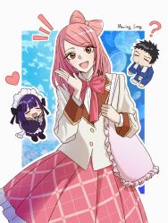 Rule 34 | 1boy, 1girl, 1other, ?, artist name, bag, blazer, blush, bow, bow-shaped hair, bowtie, brown eyes, chibi, chibi inset, closed eyes, commentary request, frilled bag, gojou wakana, heart, highres, himeno amane, jacket, kitagawa marin, kuroe shizuku, long hair, long sleeves, looking at viewer, maid, maring song, open mouth, pink bow, pink bowtie, pink hair, pink skirt, shoulder bag, skirt, sono bisque doll wa koi wo suru, wa maid, white jacket