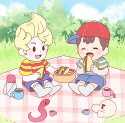 bad_tag black_hair blonde_hair child doseisan eating food grass hat hot_chocolate lucas_(mother_3) mother_(series) mother_2 ness_(mother_2) nintendo picnic red_hat sandwich shirt shorts shota sjsj_10 smile socks striped_clothes striped_shirt super_smash_bros.