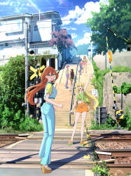 6+girls absurdres aisha_(winx_club) blonde_hair bloom_(winx_club) blue_eyes blue_pants blue_shirt blue_sky brown_eyes brown_hair building bush cloud commentary_request dark-skinned_female dark_skin day denim flora_(winx_club) green_background green_shirt hand_on_own_hip highres house leaf lens_flare long_hair looking_at_viewer midriff multiple_girls musa_(winx_club) navel orange_skirt outdoors pants pink_hair pink_skirt purple_pants railing railroad_crossing railroad_tracks red_shirt sakeharasu scenery shirt skirt sky smile stairs standing stella_(winx_club) tecna_(winx_club) tree utility_pole waving winx_club