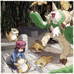1boy @_@ black_hair blue_jacket border calem_(pokemon) chesnaught commentary_request gen_1_pokemon gen_6_pokemon hat highres holding holding_pokemon how_long jacket looking_down male_focus nintendo open_mouth pokemon pokemon_(creature) pokemon_xy sandshrew shadow short_hair squatting sunglasses sweatdrop white_border
