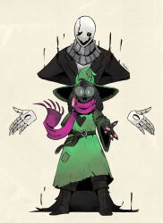 2boys :d animal_ears artist_name belt black_boots black_fur black_jacket blue_eyes boots commentary deltarune disembodied_hand english_commentary fangs furry furry_male glasses goat_boy goat_ears goat_horns green_hat green_robe grey_scarf hat heart heart_print highres hole_in_hand horns jacket looking_at_viewer mechamichal multiple_boys offering_hand open_mouth patch pink_scarf ralsei ralsei_(hat) robe scarf smile straight-on w.d._gaster white_eyes wide_sleeves witch_hat