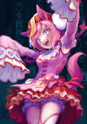 1girl agnes_digital_(lovely_jiangshi)_(umamusume) agnes_digital_(umamusume) animal_ears bloomers blue_eyes braid cowboy_shot detached_sleeves dress hat heart heart-shaped_pupils highres horse_ears horse_girl horse_tail long_hair looking_at_viewer ofuda open_mouth outstretched_arms pink_dress pink_hair qingdai_guanmao sekiyu_inu sleeveless sleeveless_dress sleeves_past_fingers sleeves_past_wrists smile solo symbol-shaped_pupils tail thighhighs twin_braids umamusume underwear white_thighhighs