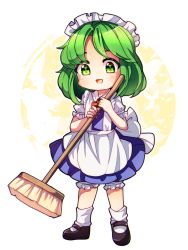 Rule 34 | 1girl, :d, apron, ascot, back bow, black shoes, bloomers, blue dress, bow, broom, collared shirt, dress, dungeon toaster, eye print, full body, green eyes, green hair, happy, highres, holding, holding broom, maid, maid headdress, mary janes, open mouth, puffy short sleeves, puffy sleeves, radiation symbol, red ascot, ruukoto, shirt, shoes, short hair, short sleeves, simple background, smile, socks, solo, standing, suspenders, touhou, touhou (pc-98), underwear, waist apron, white apron, white background, white bloomers, white bow, white shirt, white socks