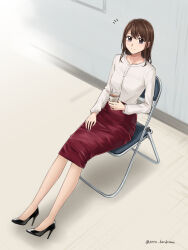 1girl absurdres artist_name black_shoes brown_hair chair closed_mouth coffee collarbone commentary_request commission cup disposable_cup drink folded_chair from_above high_heels highres holding holding_cup holding_drink indoors long_hair long_sleeves notice_lines office_lady on_chair original pencil_skirt pixiv_commission purple_eyes red_skirt setu_kurokawa shirt shoes sitting skirt smile solo steam twitter_username watermark white_shirt