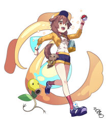 1girl alternate_costume animal_ears animalization bag baseball_cap bellsprout blue_bag blue_shoes blue_shorts bone_hair_ornament braid brown_eyes brown_hair choker clenched_hand commentary_request cropped_jacket dog_ears dog_girl dog_tail double-parted_bangs fang full_body gen_1_pokemon hair_ornament hair_over_shoulder hat highres holding holding_poke_ball hololive inugami_korone inugami_korone_(dog) jacket long_sleeves low_twin_braids nintendo open_clothes open_jacket open_mouth poke_ball pokemon pokemon_(creature) red_choker red_socks shirt shoes shorts shoulder_bag signature simple_background smile socks tail teeth tokumaro tongue twin_braids two-tone_hat two-tone_shorts upper_teeth_only virtual_youtuber walking white_background white_hat white_shirt yellow_hat yellow_jacket yellow_shorts