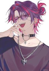Rule 34 | 1boy, ;d, absurdres, artist name, black choker, chain, chain necklace, choker, collarbone, colored inner hair, ear piercing, earrings, fang, fingernails, hair between eyes, hair bun, hair intakes, half updo, hand up, hashtag-only commentary, highres, jewelry, kaohom503, long fingernails, looking at viewer, male focus, multicolored eyes, multicolored hair, necklace, nijisanji, official alternate costume, one eye closed, open mouth, parted bangs, piercing, pink hair, purple-tinted eyewear, purple eyes, purple hair, purple shirt, ring, shirt, short hair, simple background, single hair bun, smile, solo, streaked hair, sunglasses, teeth, thumb ring, tinted eyewear, two-tone eyes, two-tone hair, upper body, upper teeth only, virtual youtuber, watarai hibari, watarai hibari (4th costume), white background, yellow eyes