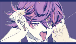 1girl bright_pupils commentary_request dot_(pokemon) ear_piercing earrings eyelashes hair_between_eyes hands_up highres jewelry letterboxed looking_down nintendo open_mouth piercing plus_ta pokemon pokemon_(anime) pokemon_horizons purple_eyes purple_hair shirt sleeveless sleeveless_shirt solo teeth tongue tongue_out tongue_piercing tucking_hair upper_body upper_teeth_only white_pupils